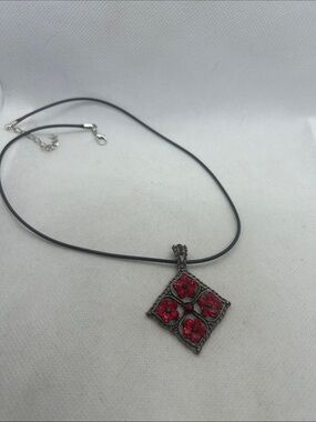Vintage Red Crystal Floral Square Pendant Necklace - Women Jewelry